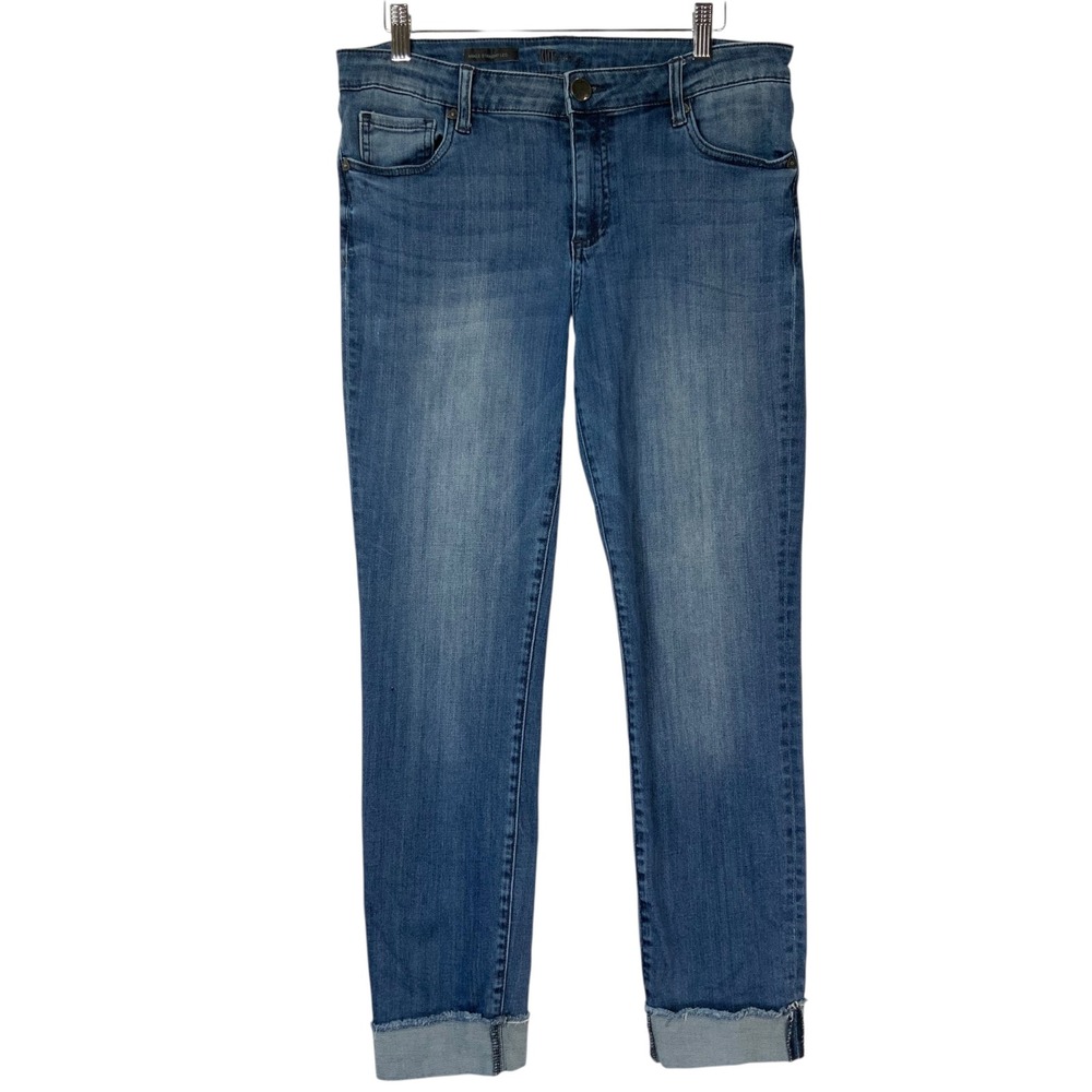 Kut from the Kloth Ankle Straight Leg Jeans Medium Wash Frayed Raw Hem Blue 10